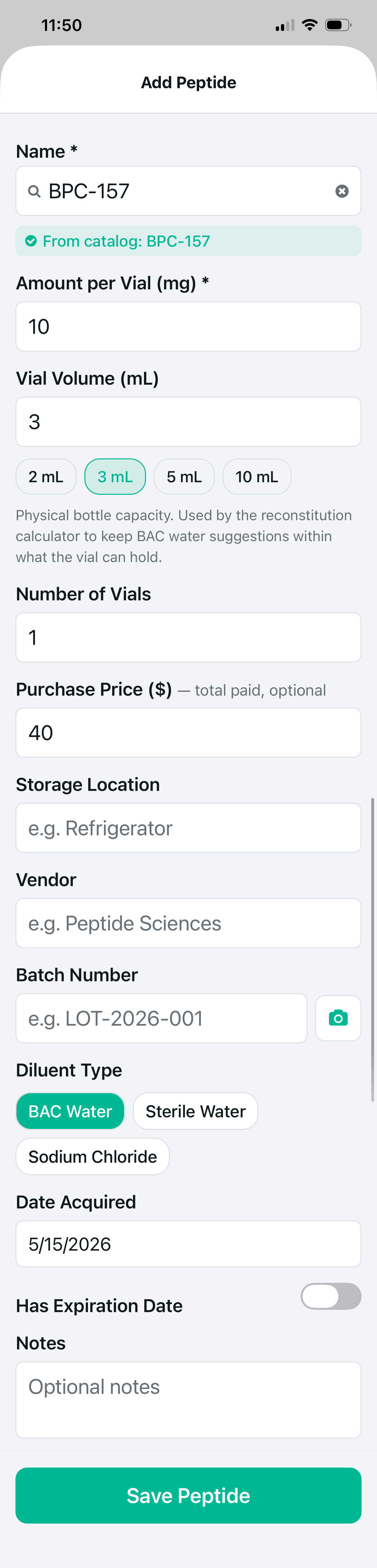 Protocol app screen for adding BPC-157 vial with tracking fields for reconstitution date and BAC water volume