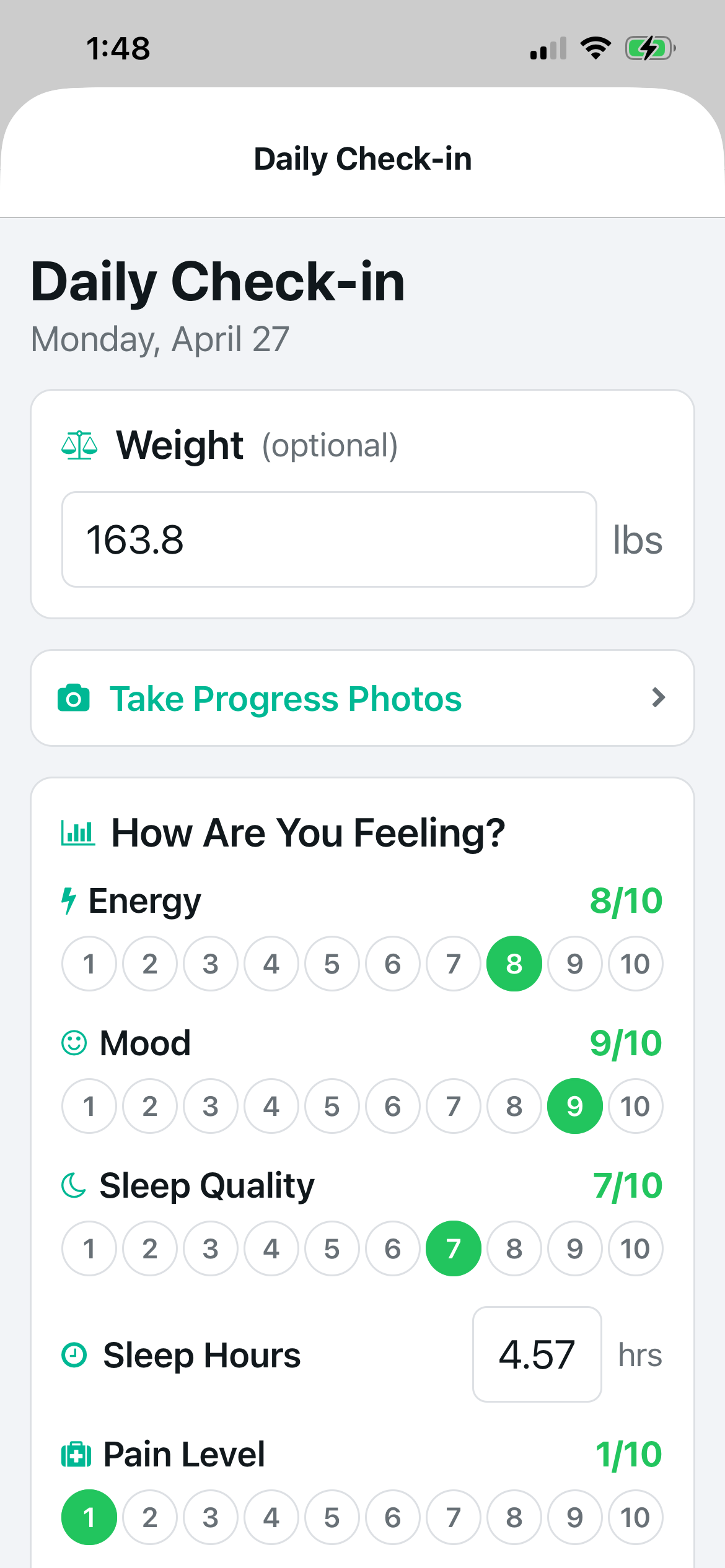 Protocol daily check-in screen showing weight log and how are you feeling prompt