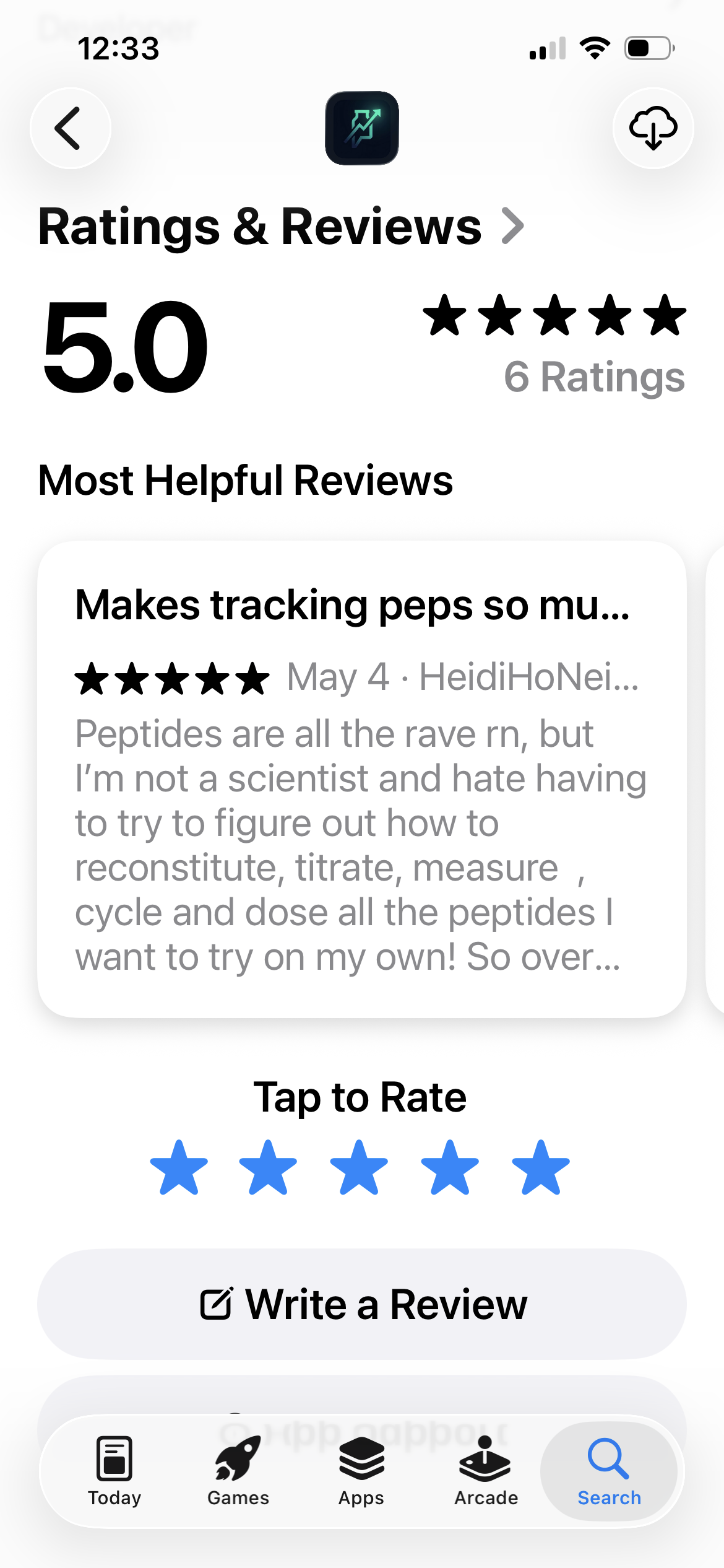 Five star App Store review of Protocol peptide tracker from Heidi