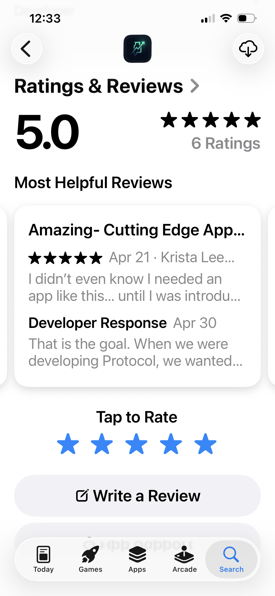 Five star App Store review of Protocol peptide tracker from Krista