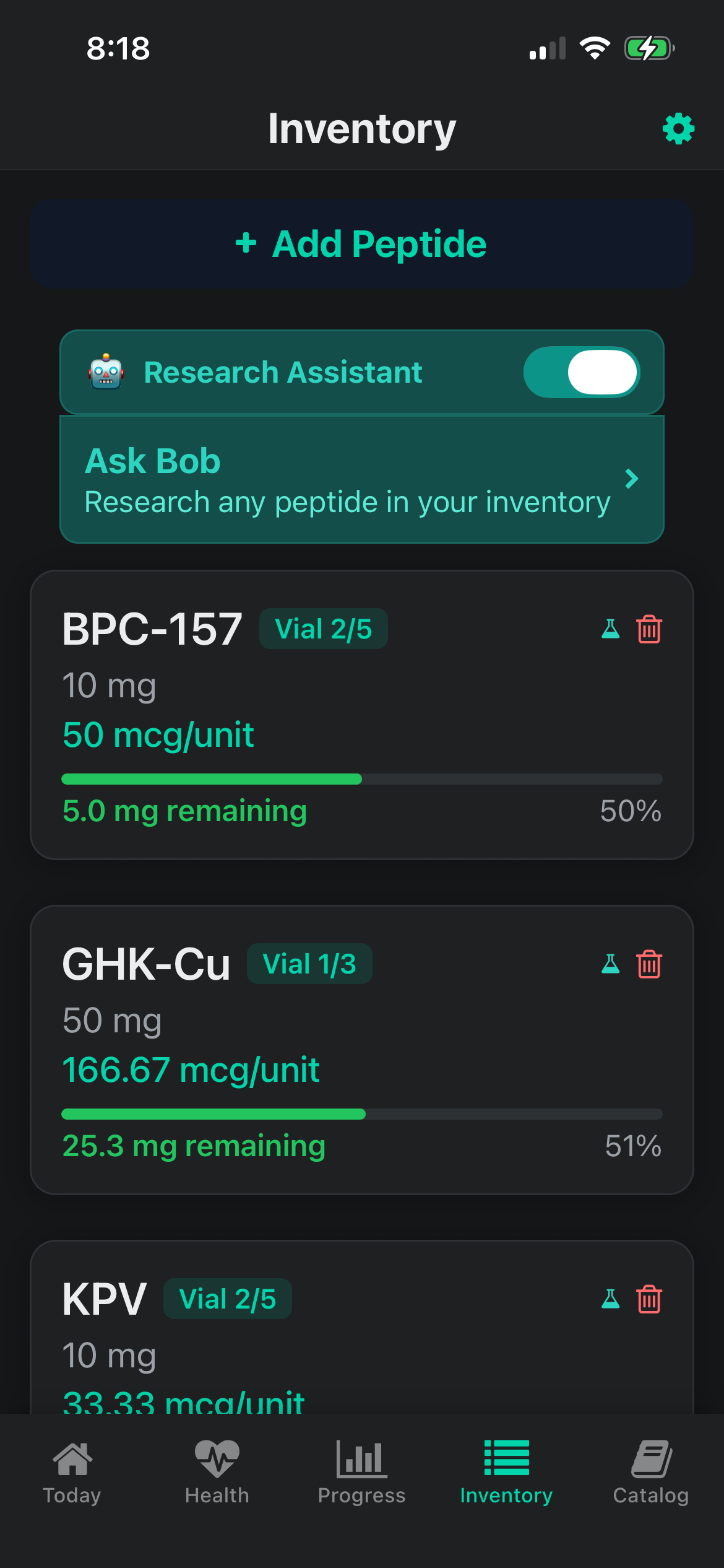 Protocol app inventory screen showing three active peptide vials including BPC-157, GHK-Cu, and KPV with doses remaining and days until expiry