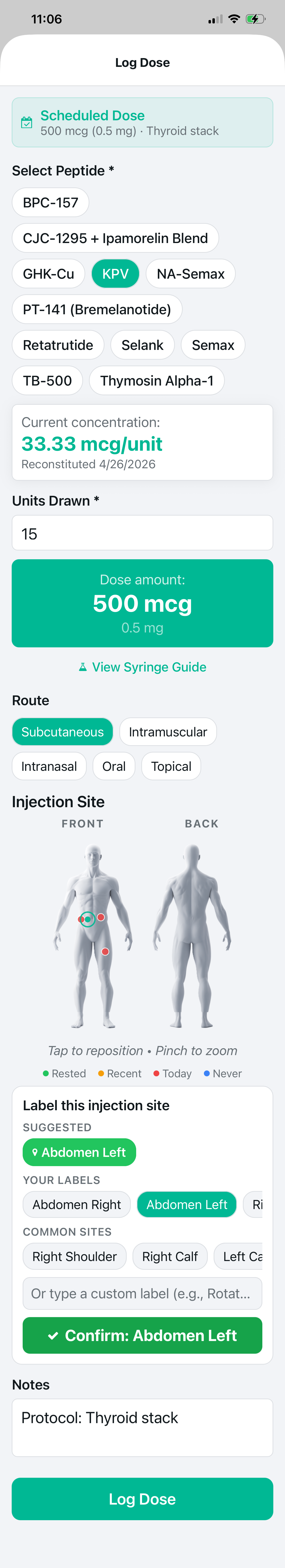 Protocol full dose logging screen for peptide injection tracking