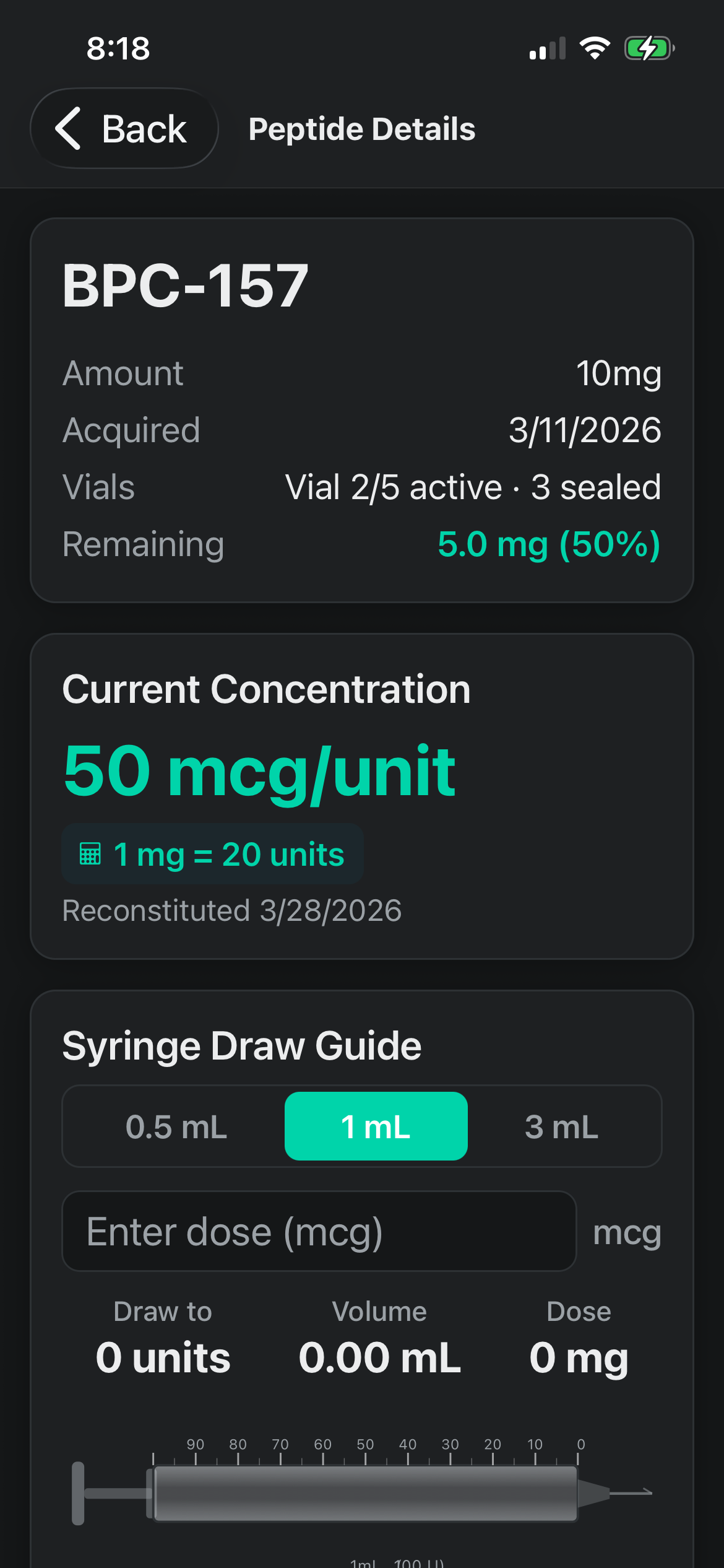 Protocol app BPC-157 peptide detail screen showing 1ml BAC water, 10mg vial, concentration calculation and dose count