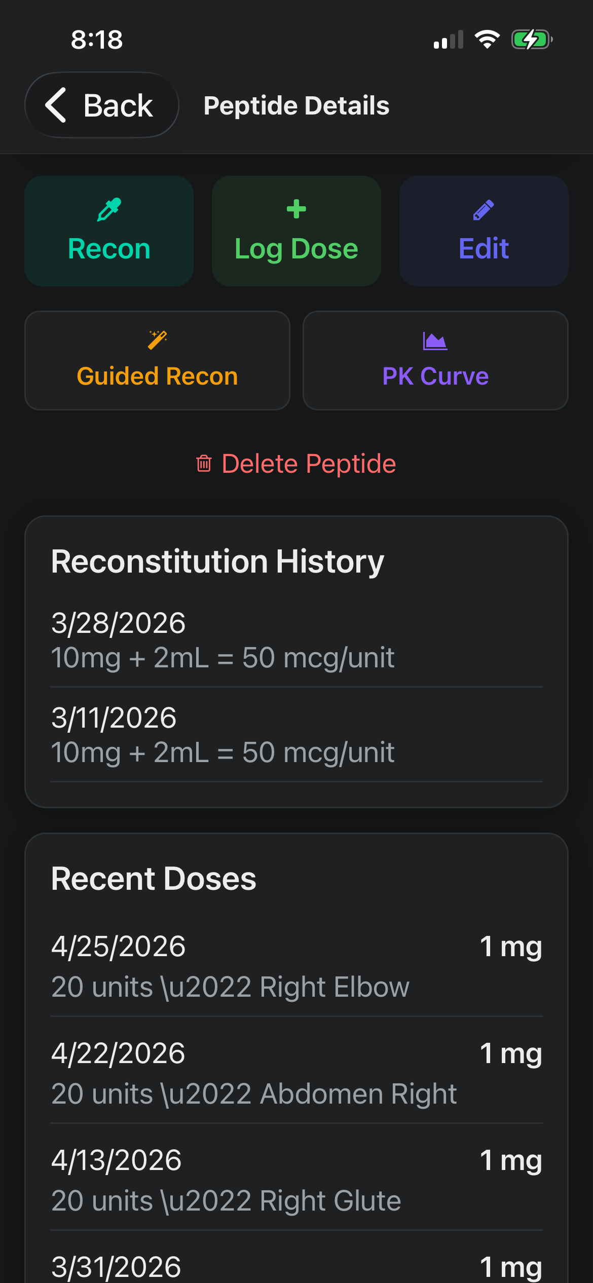 Protocol app peptide detail screen showing guided reconstitution steps and pharmacokinetic PK half-life curves