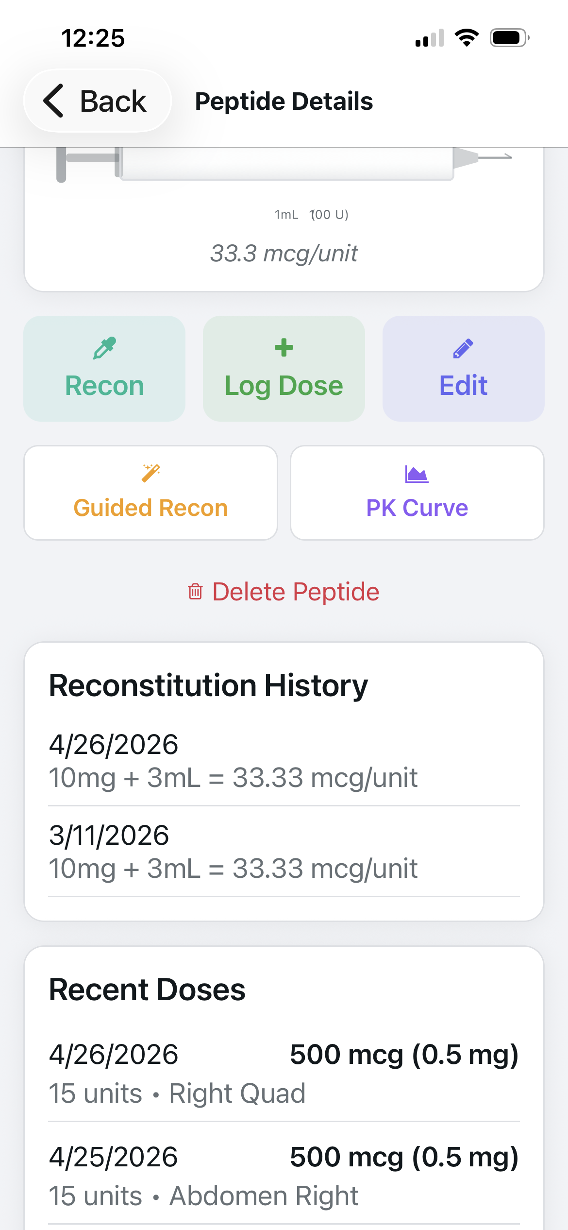 Protocol app peptide detail screen showing reconstitution history with dates and BAC water volumes alongside recent dose log for BPC-157