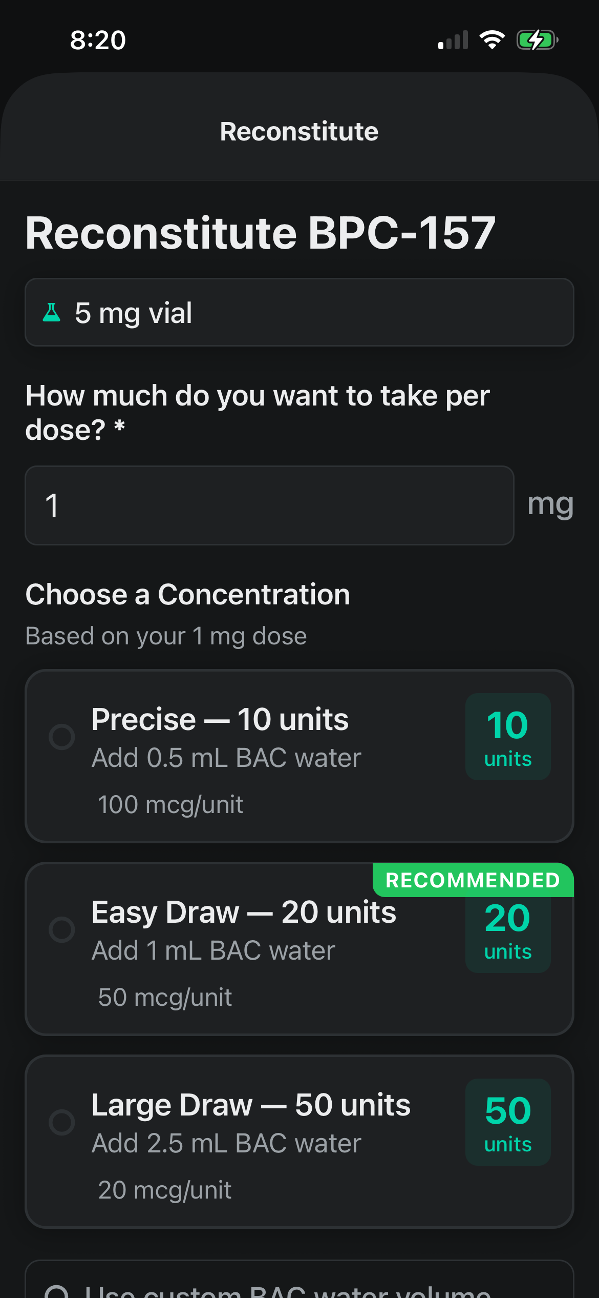 Protocol peptide reconstitution calculator showing BPC-157 dose and syringe draw units