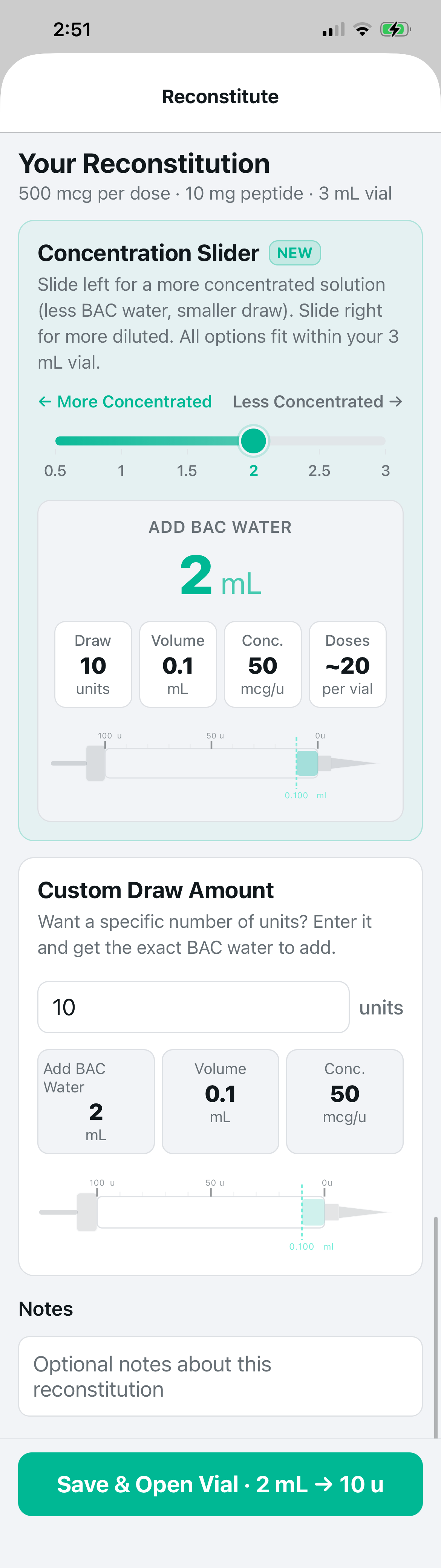Protocol reconstitution calculator with slider for custom draw amount