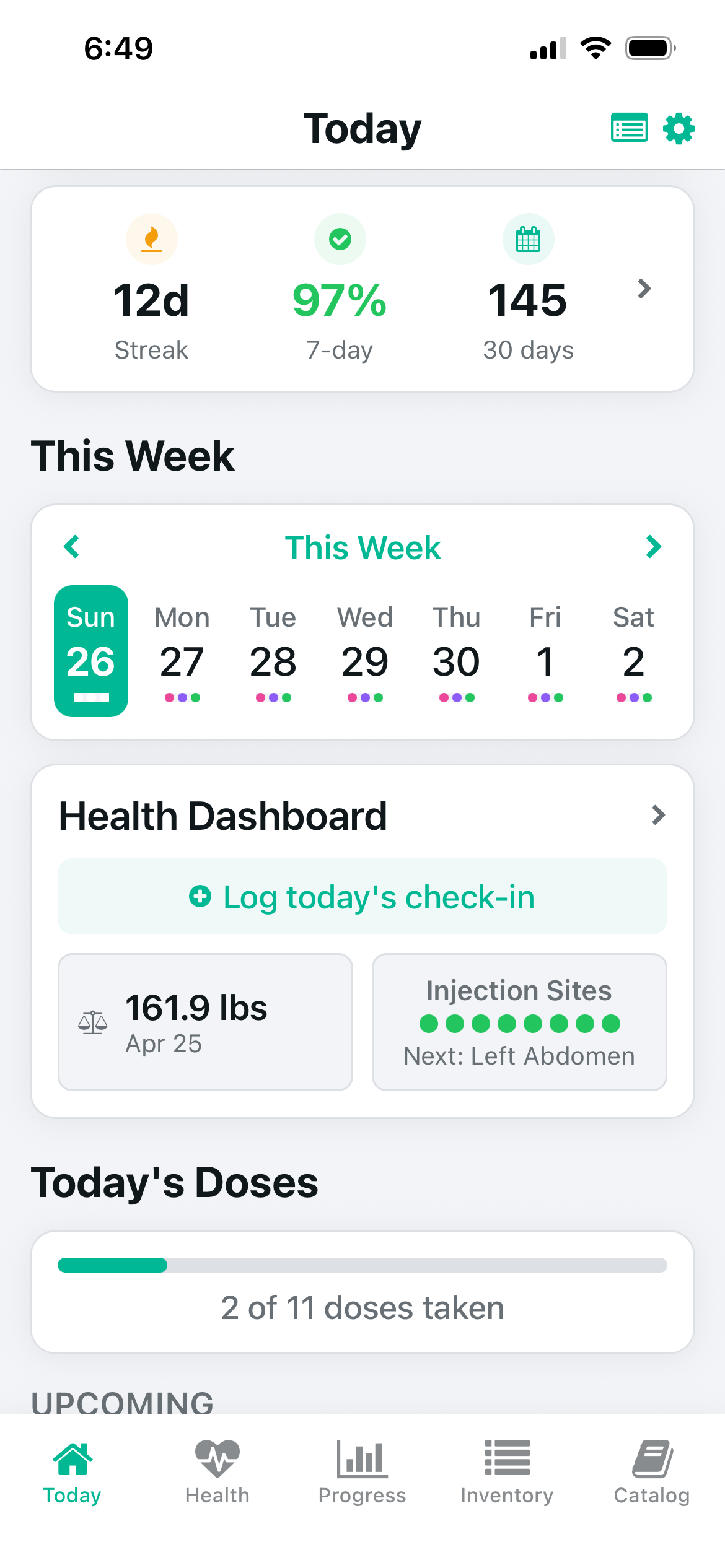 Protocol peptide tracker today screen with weekly dose planner view